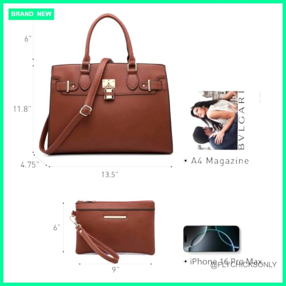 Large Vegan Leather Satchel Tote with Matching Clutch for Work - Picture 4 of 7